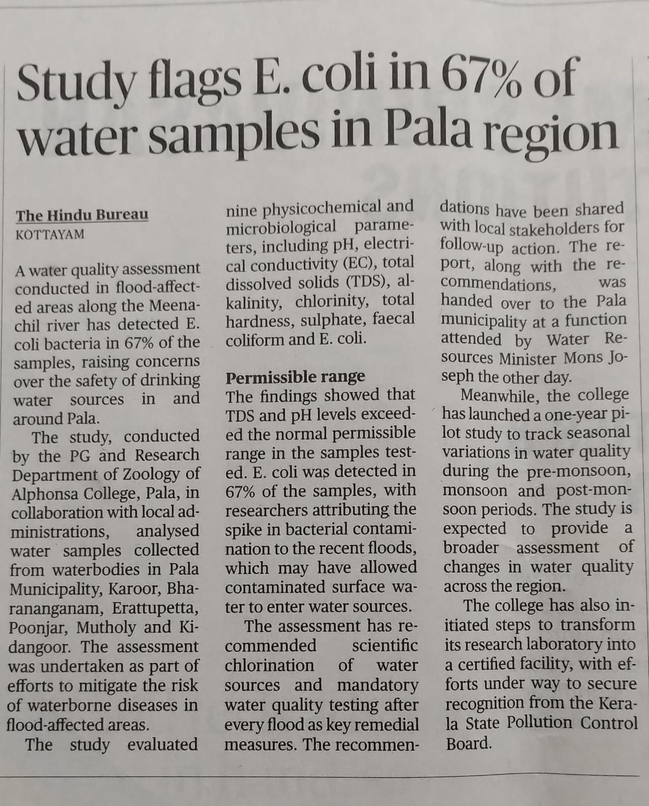 Department of Zoology Study Flags E. Coli Contamination in 67% of Pala Water Samples Following Floods