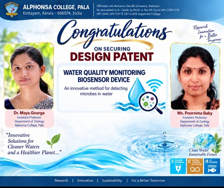 Alphonsa College Faculty Secure Design Patent for Innovative Water Monitoring Biosensor Device